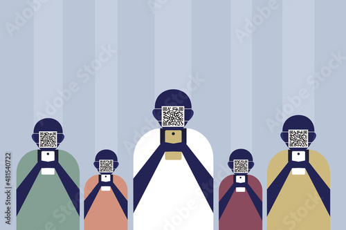 Conceptual illustration of people with QR coded faces looking at mobile phones