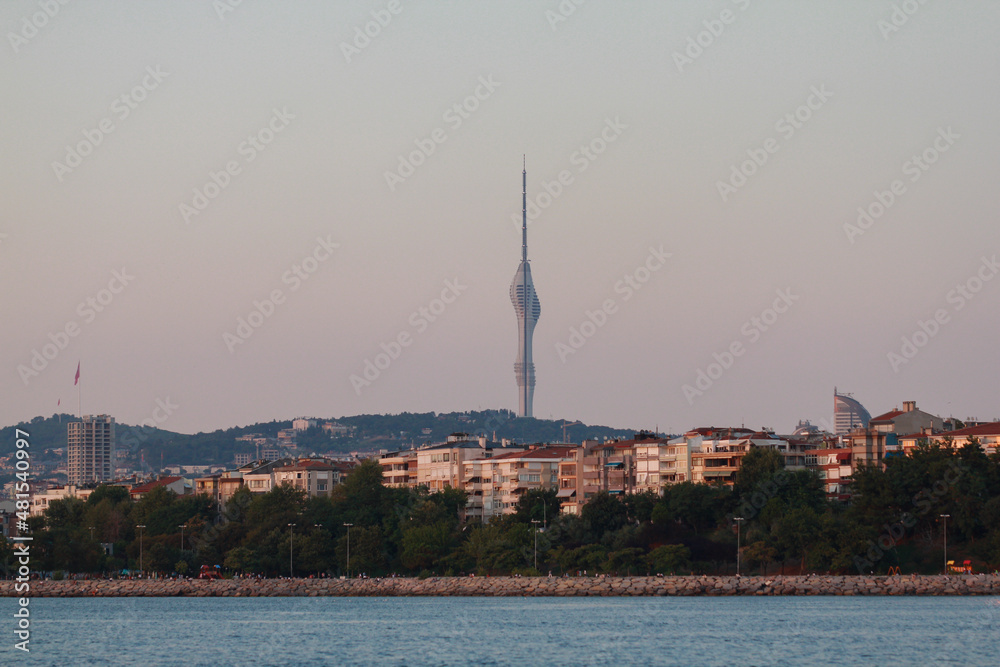 View of the evening Istanbul and Camlica Hill from the Sea of ​​Marmara