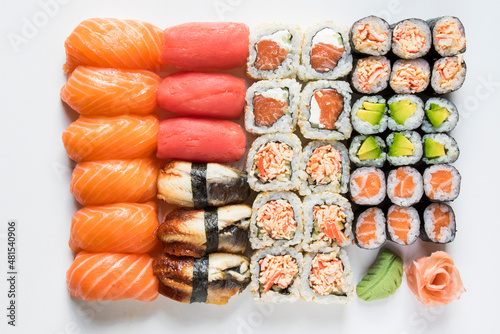 Nigiri sushi set, salmon, tuna and shrimp sushi