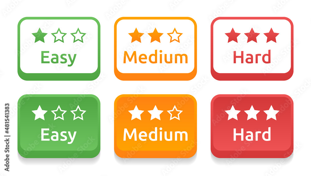 Easy, medium, hard level with stars icons set in color design. Easy, medium, hard level with stars icons set in color design.