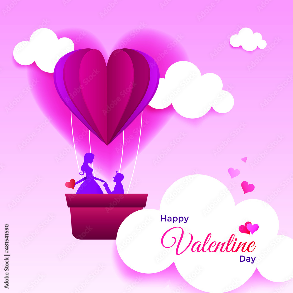 Happy Valentine Day lovely greeting with couples. Valentines day paper cutting origami style graphic.