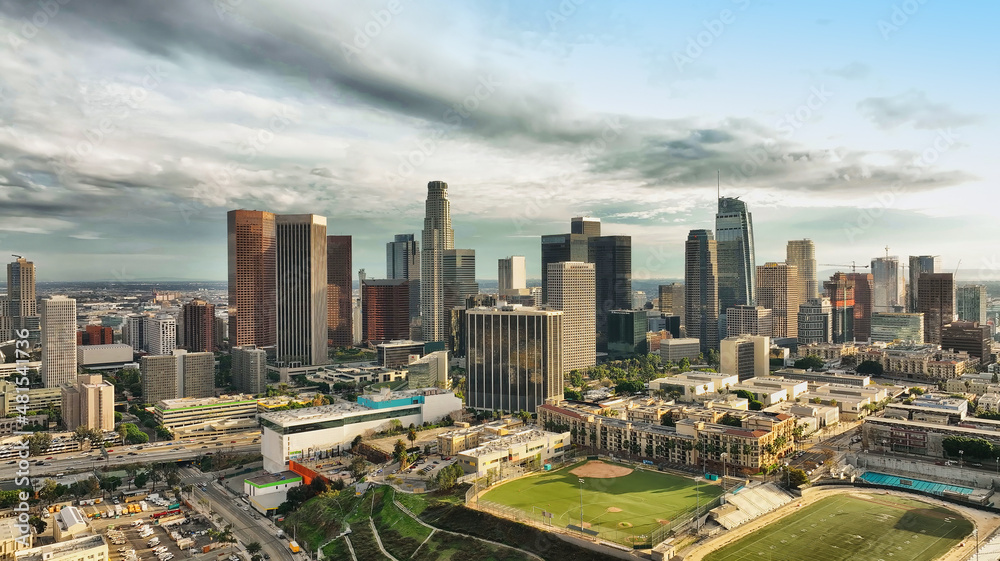 Los Angeles downtown skyline. California theme with LA background, panoramic landscape. Los angels city, downtown top aerial view with drone.