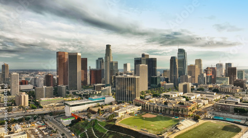 Los Angeles downtown skyline. California theme with LA background, panoramic landscape. Los angels city, downtown top aerial view with drone.