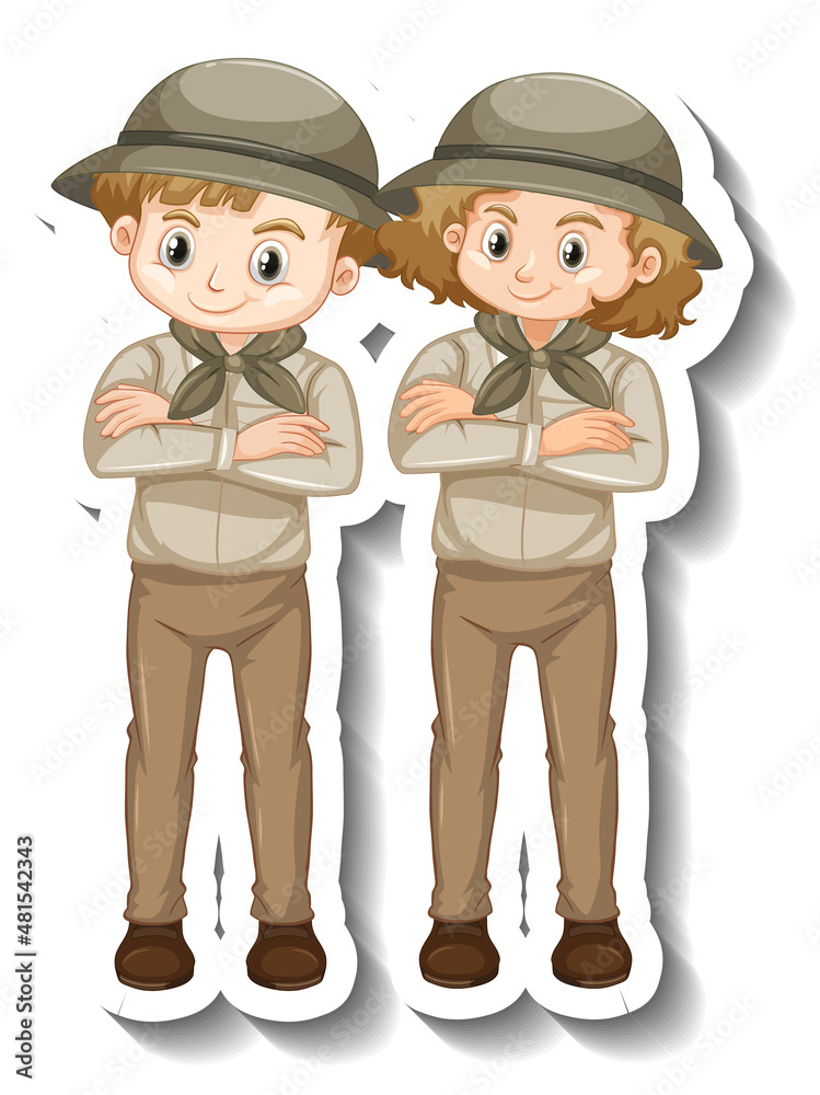Couple kids wear safari outfit cartoon character sticker Couple kids wear safari outfit cartoon character sticker
