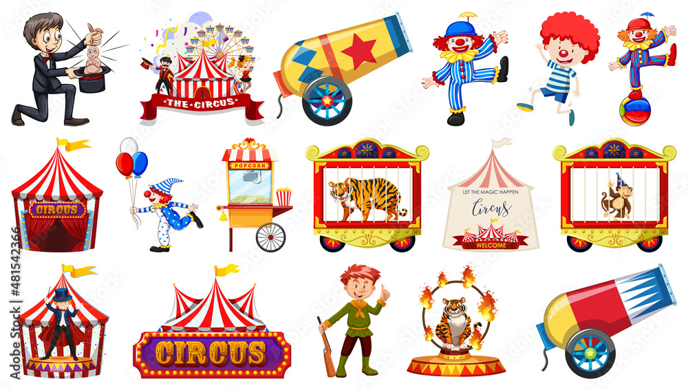 Set of circus characters and amusement park elements