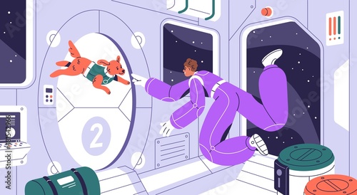 Astronaut and dog fly inside spaceship cabin during space flight. Cosmonaut and puppy floating in cosmos. Man and animal travel by spacecraft. Zero gravity and weightlessness. Flat vector illustration