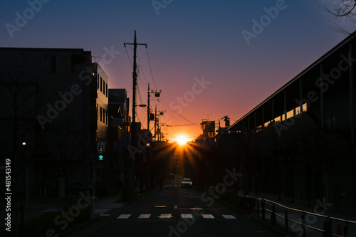 東京、世田谷の住宅街の夜明け風景
