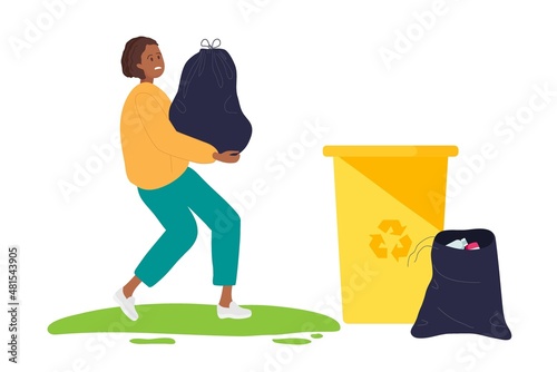 Young African American woman carrying heavy black trash bag to garbage tank. Nearby bags full of waste. Black trash bag, yellow trash container. Waste management. Colored cartoon vector illustration