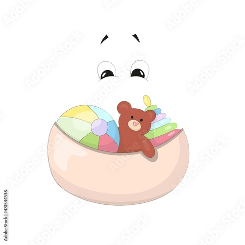 A cute cartoon toy bag with ball, teddy bear and pyramid that looks like a smiling kind character. Fairy house interior item. Picture for the development of imagination. Hand drawn vector illustration