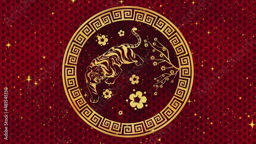 Happy Chinese New Year 2022, zodiac sign tiger on black background with gold stars. Chinese festivals. 4K video animation. Happy new year 2022, year of the tiger