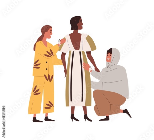 Tailors and client at clothes fitting in atelier. Woman trying on dress. Dressmaker during creation process. Fashion designer creating garment. Flat vector illustration isolated on white background