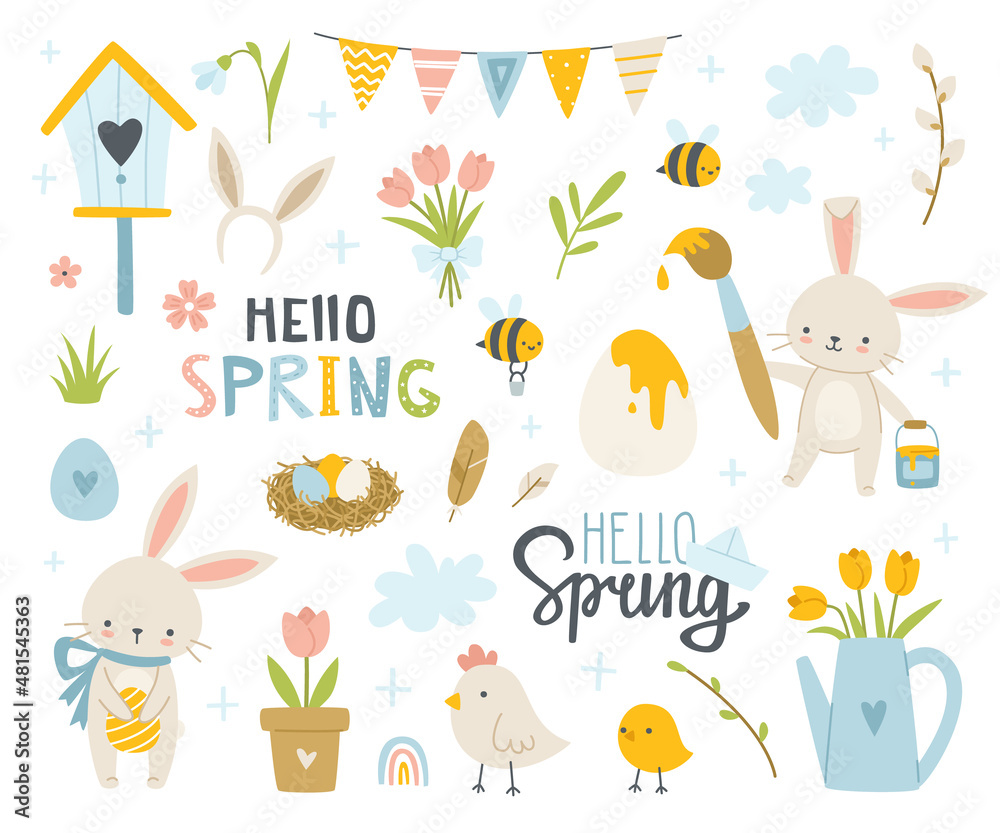 Cute spring cartoon set with easter bunny. Collection of doodle eggs ...