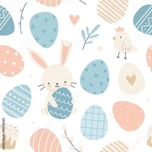 Cute easter bunny with painted eggs pattern. Seamless pastel color print for fabric, textile, apparel, nursery.
