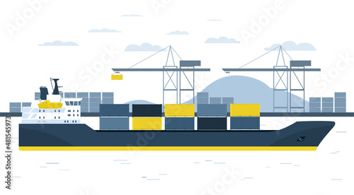 Container ship against the background of a container terminal. Vector illustration.