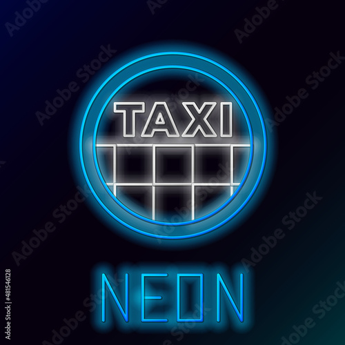 Glowing neon line Taxi car roof icon isolated on black background. Colorful outline concept. Vector