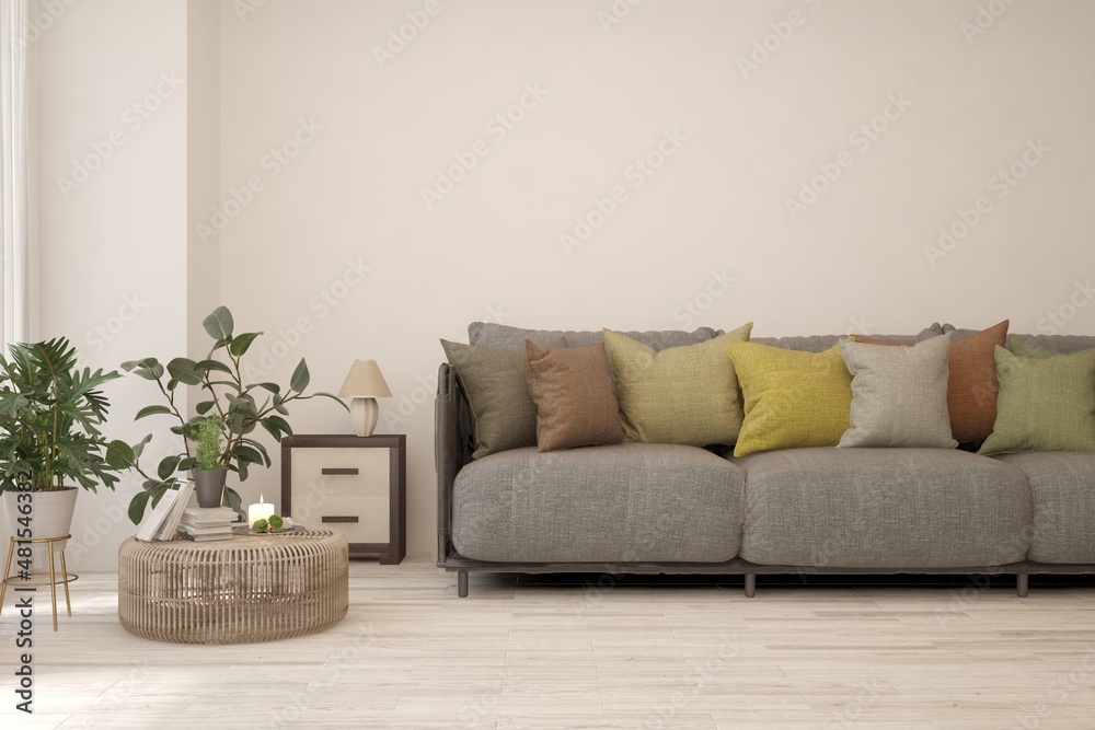 Stylish room in white color with sofa. Scandinavian interior design. 3D illustration Stylish room in white color with sofa. Scandinavian interior design. 3D illustration
