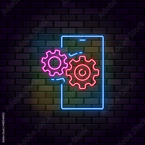 Update Smartphone Line Icon. Updating Operating System or Repair of Mobile Phone Linear. Setting Up Smartphone Concept. Gear and Mobile Icon. Web page multicolor neon style vector icon