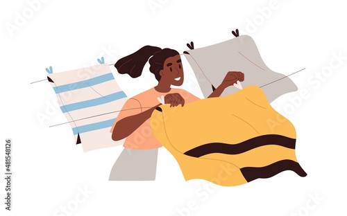 Woman hanging wet fresh laundry on ropes with clothespin to dry on air and wind. Black person and clothes, linen on clotheslines outdoors. Flat vector illustration isolated on white background