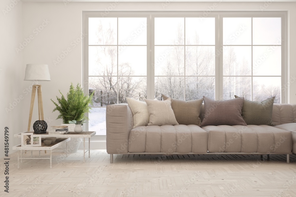 Fototapeta premium White living room with sofa and winter landscape in window. Scandinavian interior design. 3D illustration
