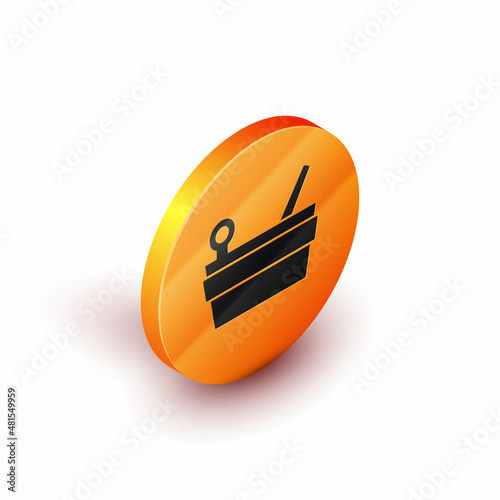 Isometric Sauna bucket and ladle icon isolated on white background. Orange circle button. Vector
