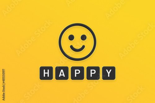 Happy banner with smiley icon on yellow background.