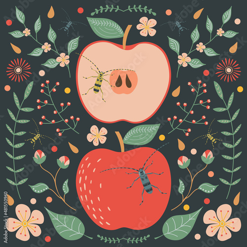 Red apple, on a dark background with floral elements, flowers, leaves and beetles.