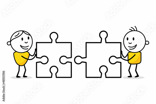 Two smiling stick figures holding puzzle elements. Hand drawn doodle men. Business concept with funny stickman. Vector stock illustration.