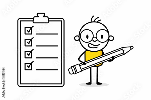 Businessman with a pencil checking a checkinglist. Hand drawn doodle man. Business concept with funny stickman. Vector stock illustration. photo