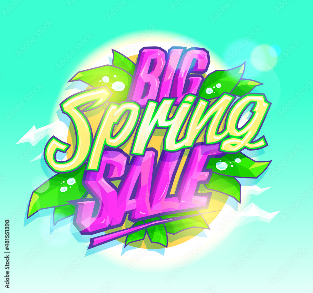 Big spring sale vector lettering banner template, sunny