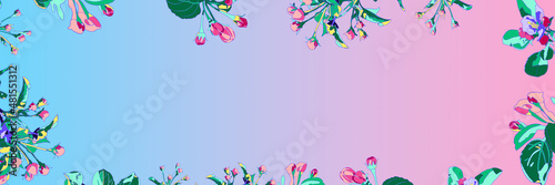 Blooming branches of an apple tree with pink buds on a gradient blue-pink background. Spring banner. copy space. Floral frame. © Ekaterina Kaiurova