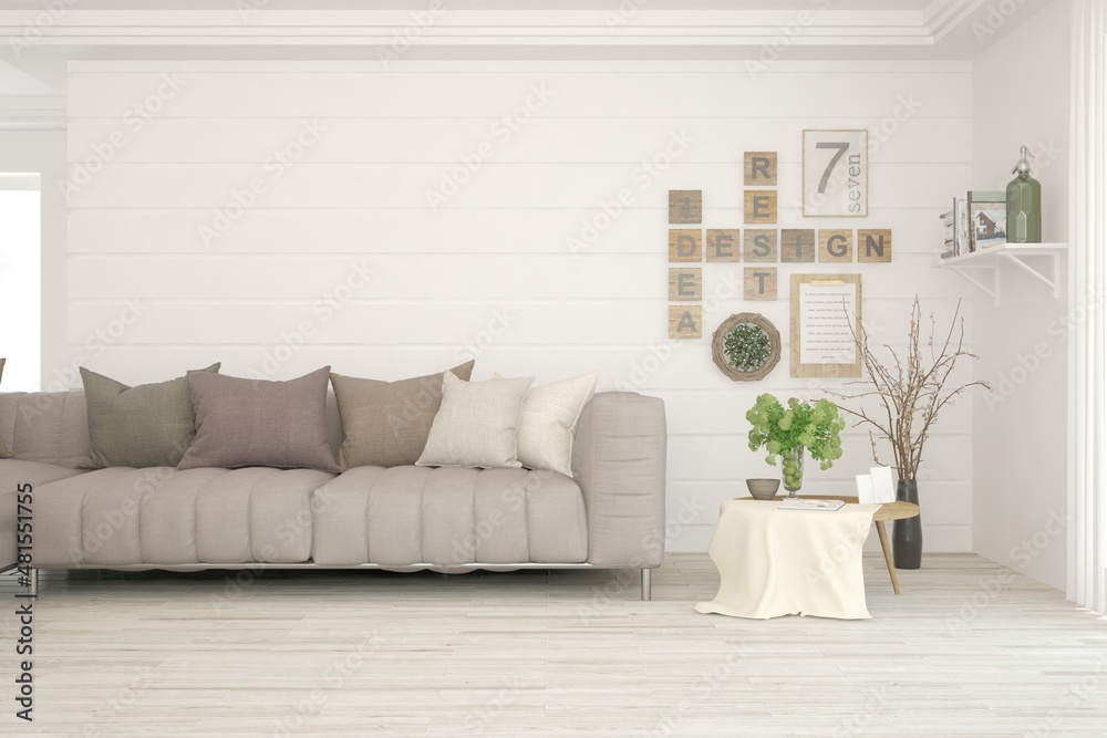 Fototapeta premium White living room with sofa. Scandinavian interior design. 3D illustration
