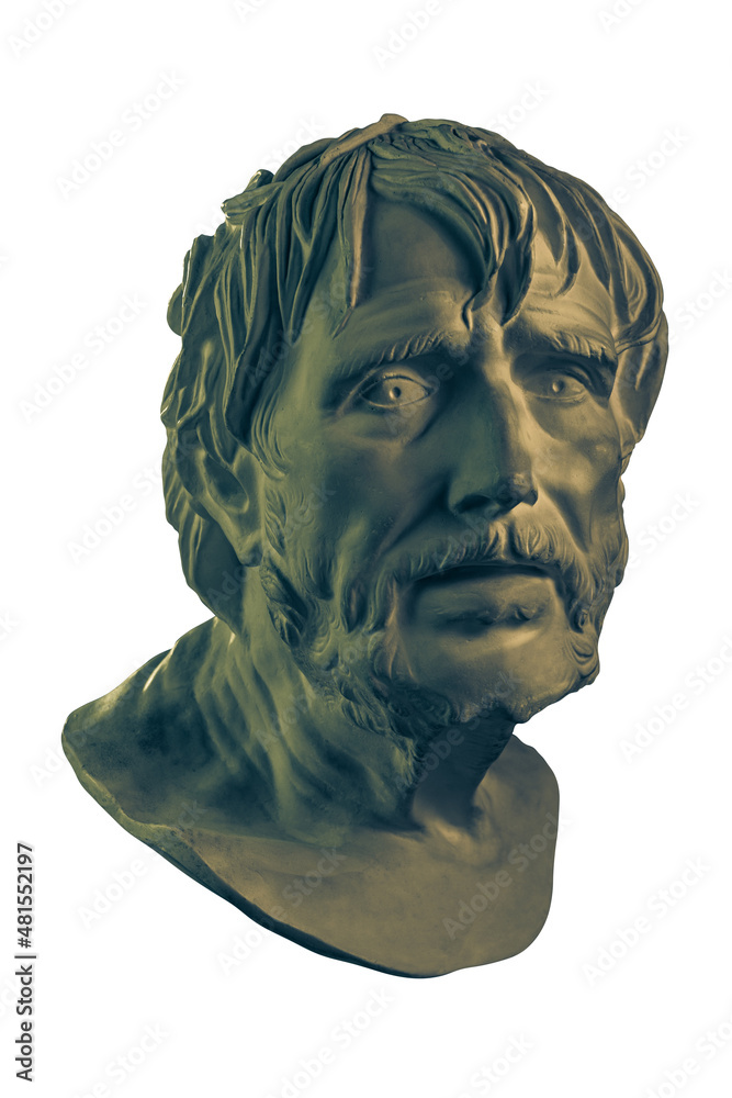 Bronze color gypsum copy of ancient statue of Lucius Seneca head for artists isolated on white background. Seneca 4 BC-65 AD Roman stoic philosopher, statesman and tutor to the future Emperor Nero.