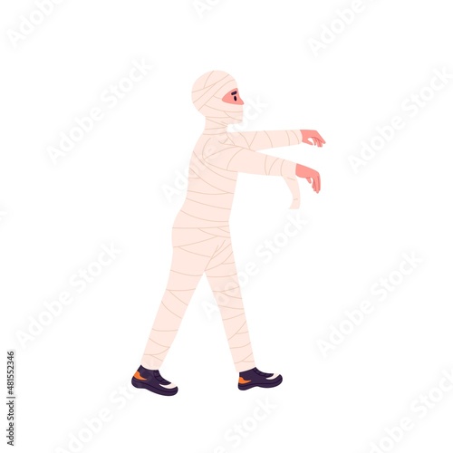 Disguised child walking in Halloween mummy costume. Boy dressed in carnival zombie clothes going. Kid wrapped in bandage for horror party. Flat vector illustration isolated on white background