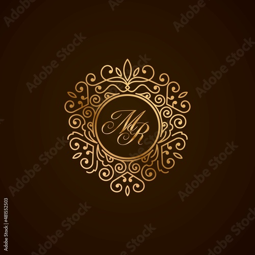 MR initial letter luxury monogram logo, elegant ornamen jewelry, emblem of love shape heart	
