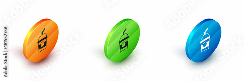 Isometric Milkshake icon isolated on white background. Plastic cup with lid and straw. Circle button. Vector