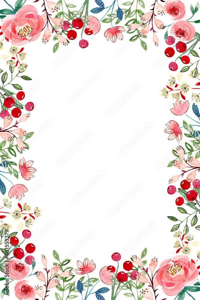 Watercolor flower frame, illustration for print, card design, wrapping paper, background, invitation