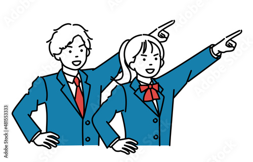 目標に向かって指差す男子学生と女子学生のシンプルイラストセット