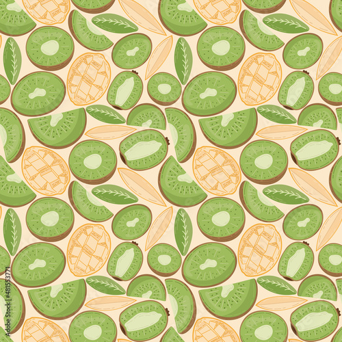 Fruit seamless pattern for textile products  mango and kiwi pieces  bone and leaves in a flat style