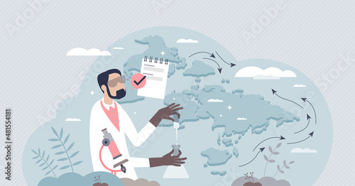 Hydrologist occupation as water movement through earth crust study tiny person concept. Scientific research about ocean stream circulation vector illustration. Observe precipitation impact on flows.