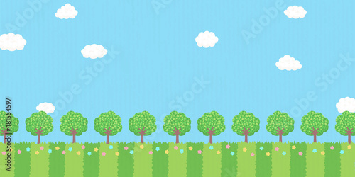 青空と木々の風景　背景イラスト素材　バナーサイズ