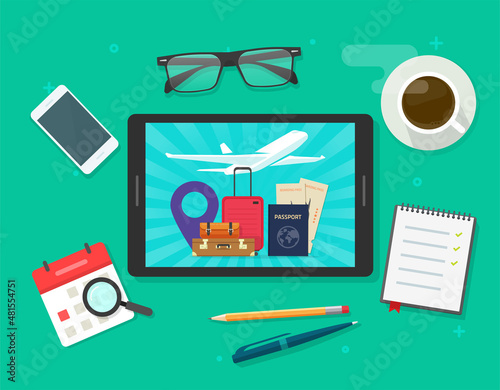 Trip or travel planning checklist vector flat lay or online booking tickets of holiday vocation on tablet computer and check list cartoon illustration, organizing adventure flight and tour accessories