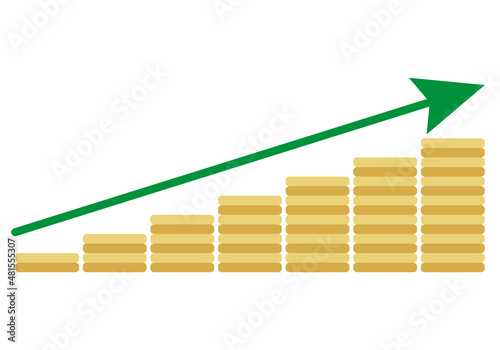 Gráfica de economía creciente con monedas apiladas.