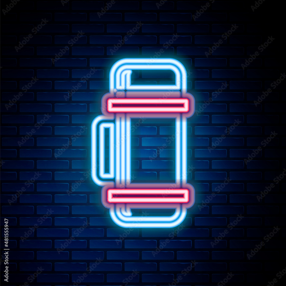 Glowing neon line Thermos container icon isolated on brick wall background. Thermo flask icon. Camping and hiking equipment. Colorful outline concept. Vector Glowing neon line Thermos container icon isolated on brick wall background. Thermo flask icon. Camping and hiking equipment. Colorful outline concept. Vector