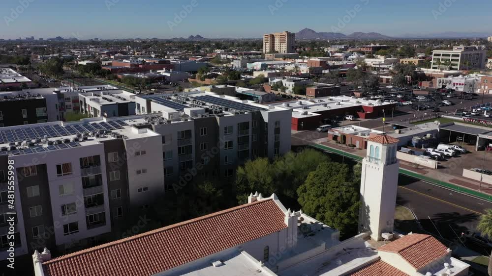 Daytime aerial skyline view of downtown Mesa, Arizona, USA.