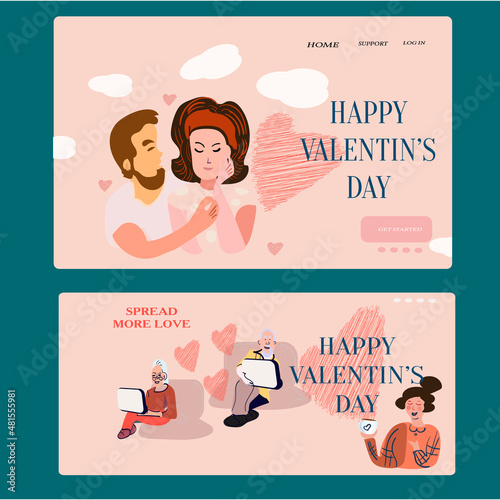Happy romantic couples walking together or pairs of men and women on date. Flat cartoon characters isolated on white background. Vector illustration.hearts