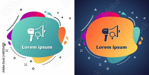 White Female movement, feminist activist with banner and placards icon isolated on white and blue background. Feminist rights movement, feminism sisterhood. Abstract banner with liquid shapes. Vector