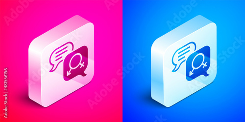 Isometric Gender equality icon isolated on pink and blue background. Equal pay and opportunity business concept. Silver square button. Vector