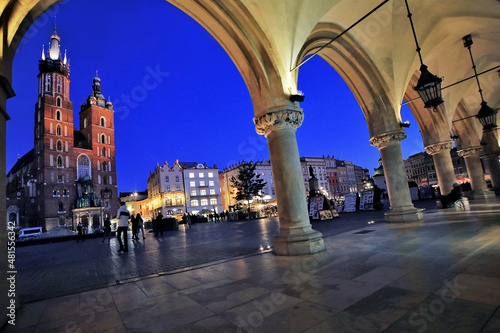 Krakow old town night illuminated square, Stare Miasto, Rynek Glowny, Poland