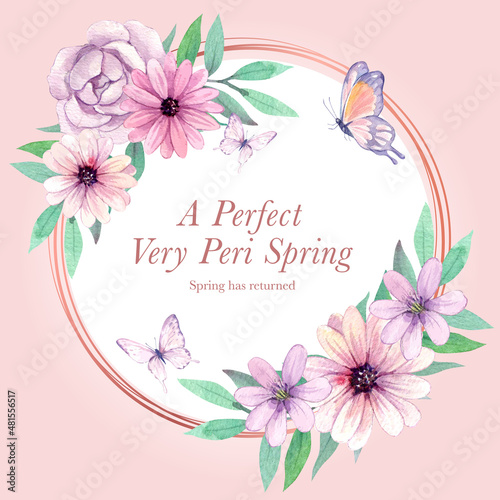 Wreath template with peri spring flower concept,watercolor style