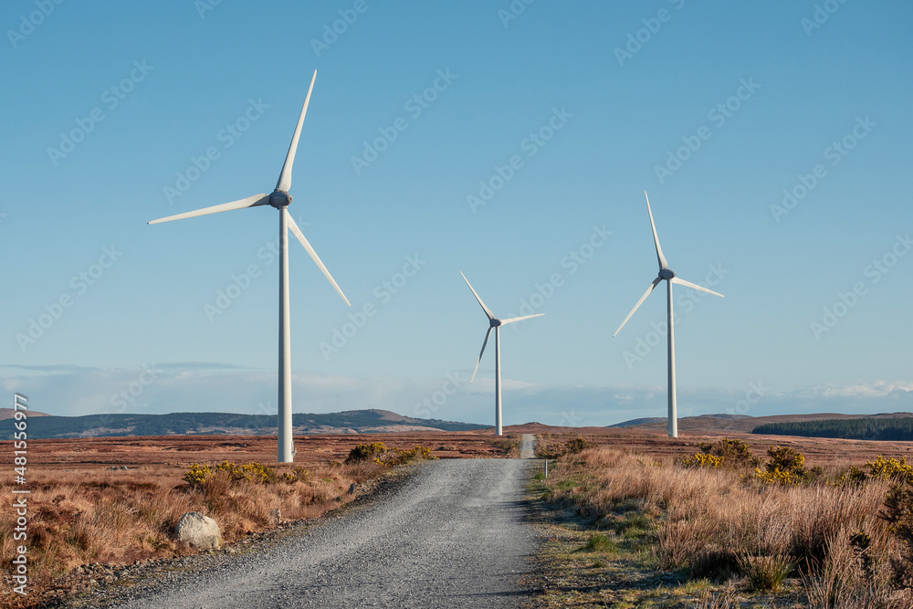 Small narrow road between fields with wing generator turbine. Warm sunny day, blue cloudy sky. Modern technology in natural environment. Source of green and renewable electricity. Small narrow road between fields with wing generator turbine. Warm sunny day, blue cloudy sky. Modern technology in natural environment. Source of green and renewable electricity.